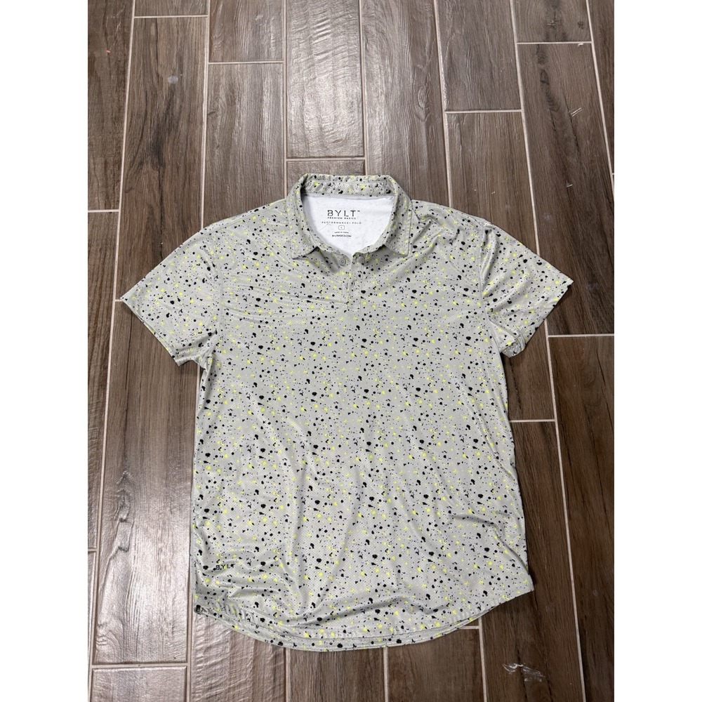 Bylt Performance Polo Shirt Adult L White Paint Splatter Wicking Golf Stretch